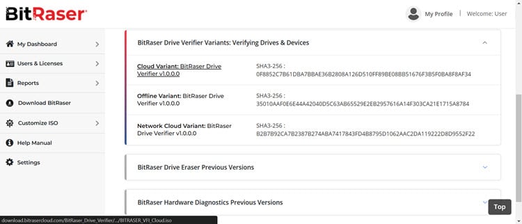 Image shows variants of BitRaser Drive Verifier: Cloud, offline, and network cloud.